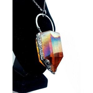 Orange rainbow aura quartz crystal necklace handmade gothic fantasy Halloween